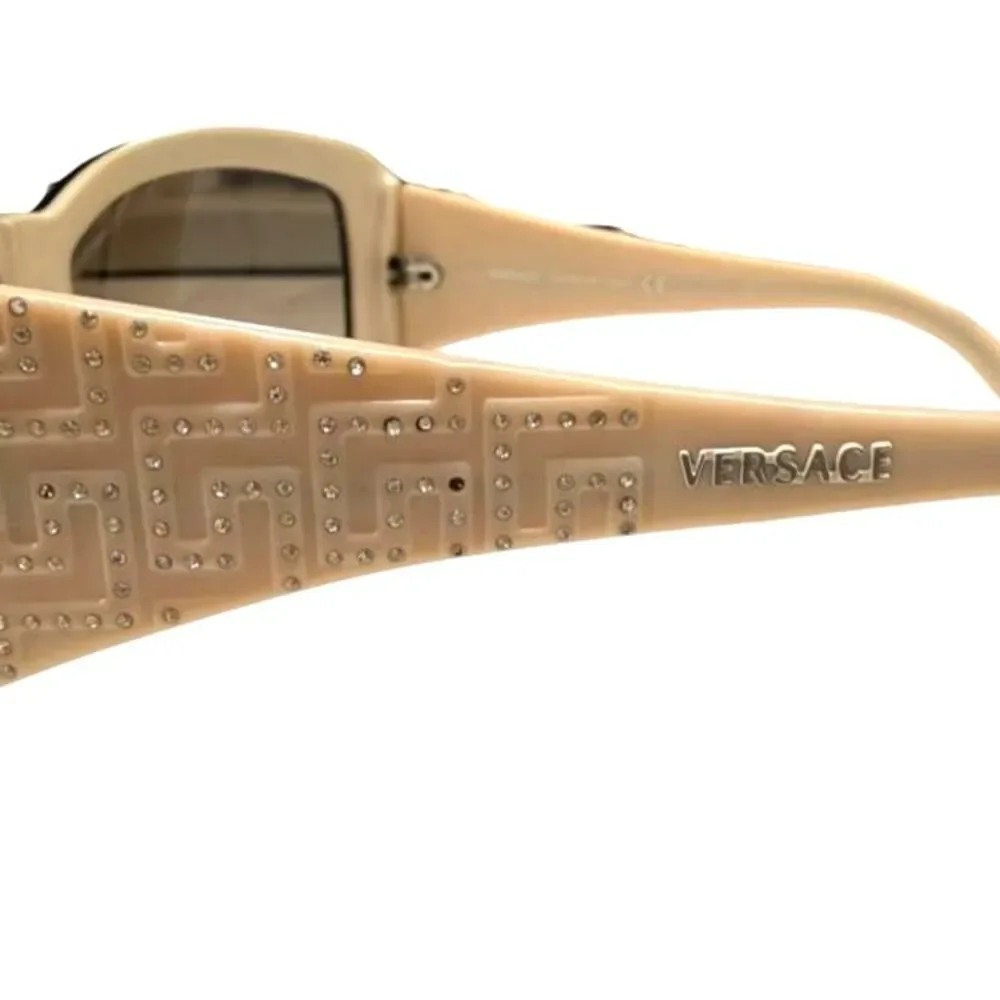 Versace Model 4069-B Sunglasses Beige Tan Crystal Greca Pattern Wrap/Shield Y2k